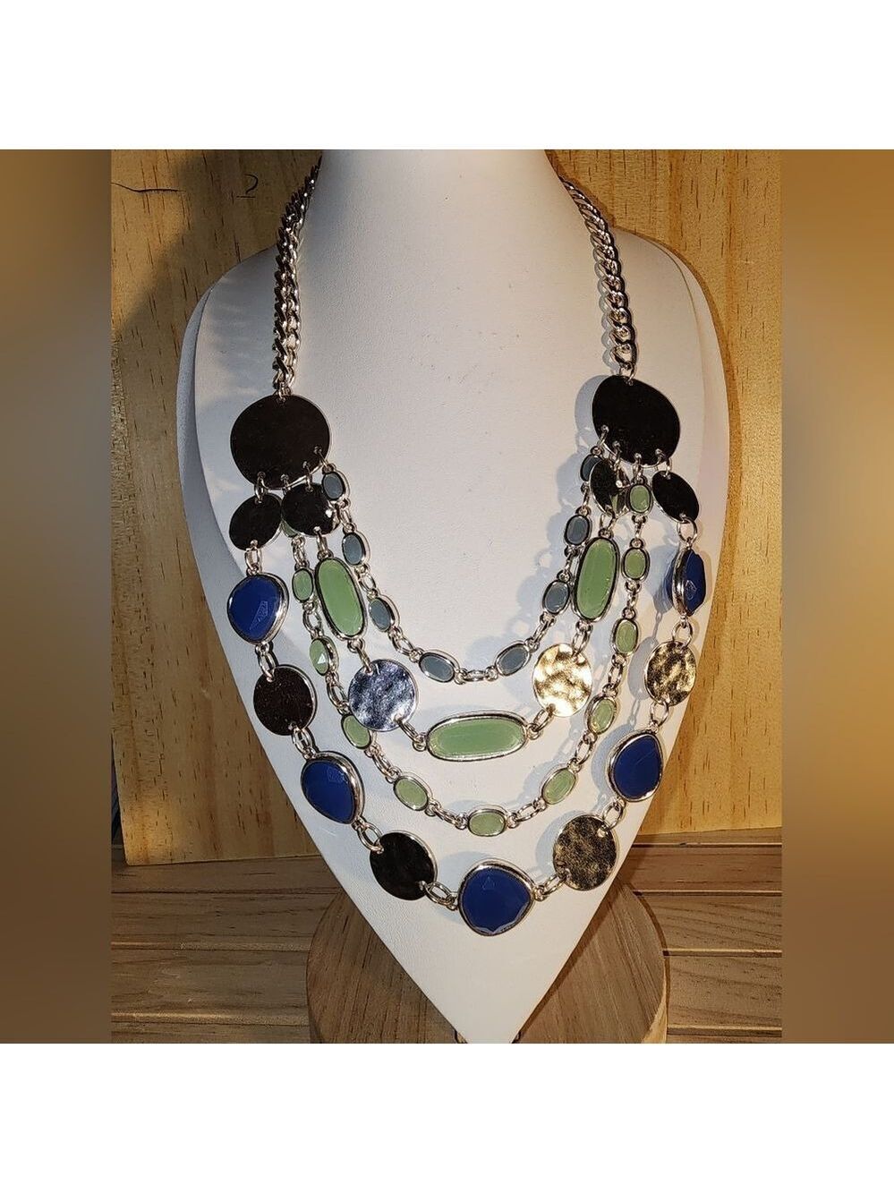 Talbot's Statement Necklace Blue& Green Rhinestones Hammered Silver Tone Bib NWT